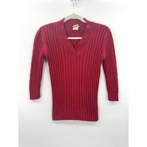 VTG Y2K Sweater Womens M Red Chunky Knit V-Neck Retro 90s 3/4 Sleeve Pullover
